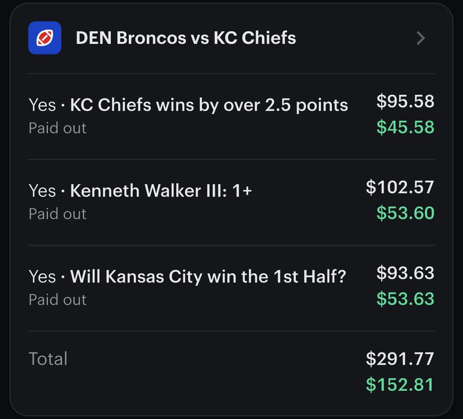 Settle screen: Chiefs spread, Kenneth Walker and first half, three legs paid out $152.81 profit