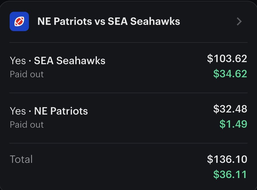 Settle screen: Seahawks and Patriots positions, paid out $36.11 profit
