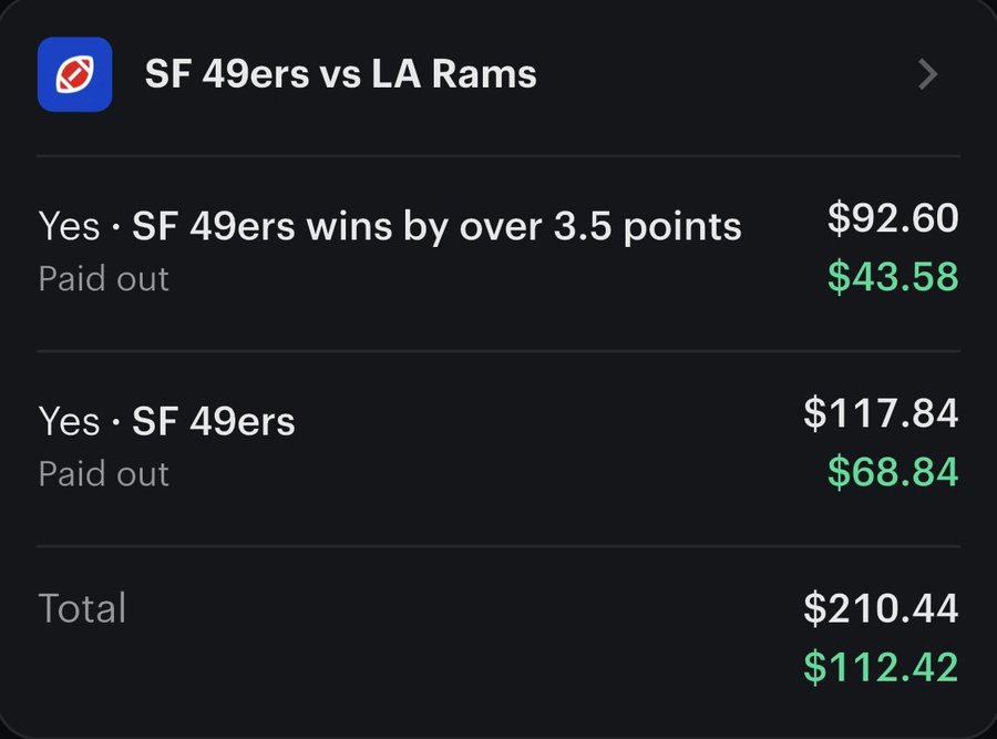 Settle screen: 49ers moneyline and minus 3.5 spread, paid out $112.42 profit