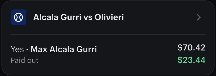 Settle screen: tennis, Alcala Gurri to win, paid out $23.44 profit