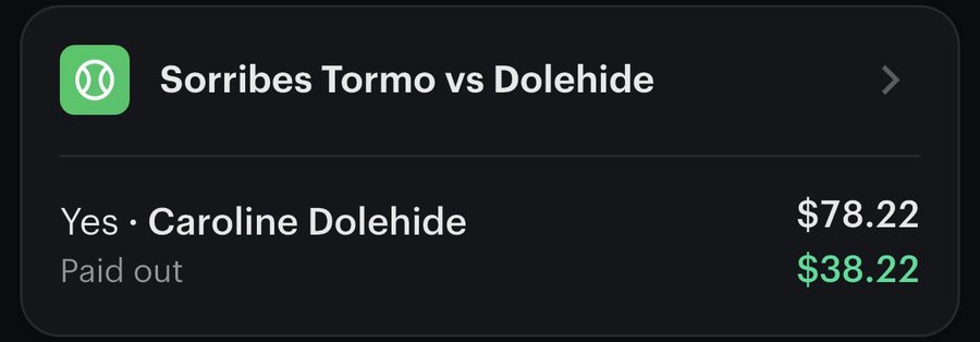Settle screen: tennis, Dolehide to win, paid out $38.22 profit